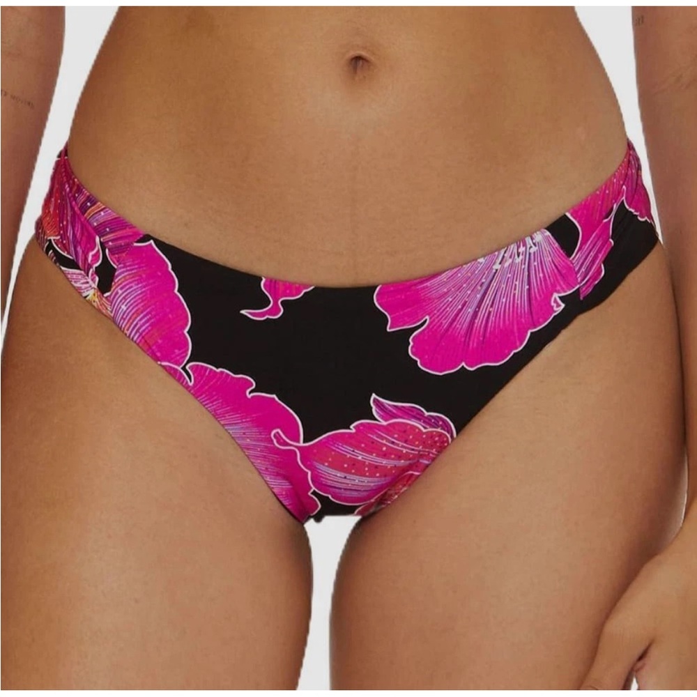 Trina Turk Black Pink Floral Shirred Hipster Bikini Bottom  NWT